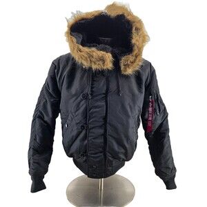 ALPHA IND BLACK JACKET FLYING MAN'S HEAVY ATTACHED HOOD N-2B MIL-J-6278F LARGE